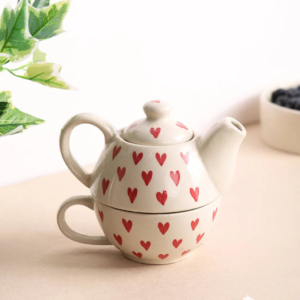Heart-Print Tea-for-One (400ml) Kettle & Cup Set