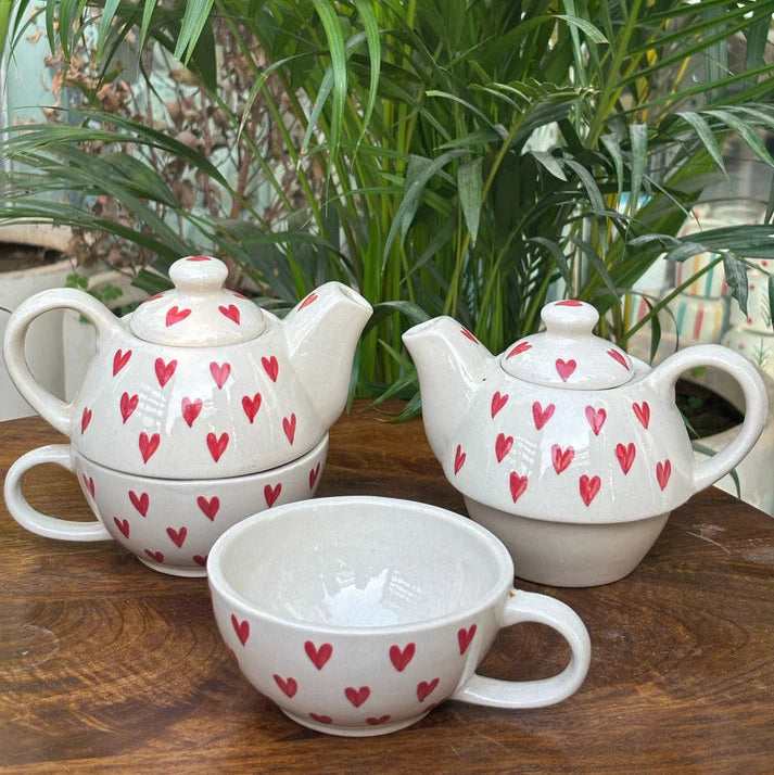 Heart-Print Tea-for-One (400ml) Kettle & Cup Set