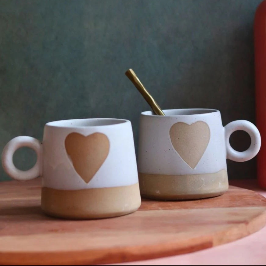 Golden Heart Ceramic Mug (White & Beige)