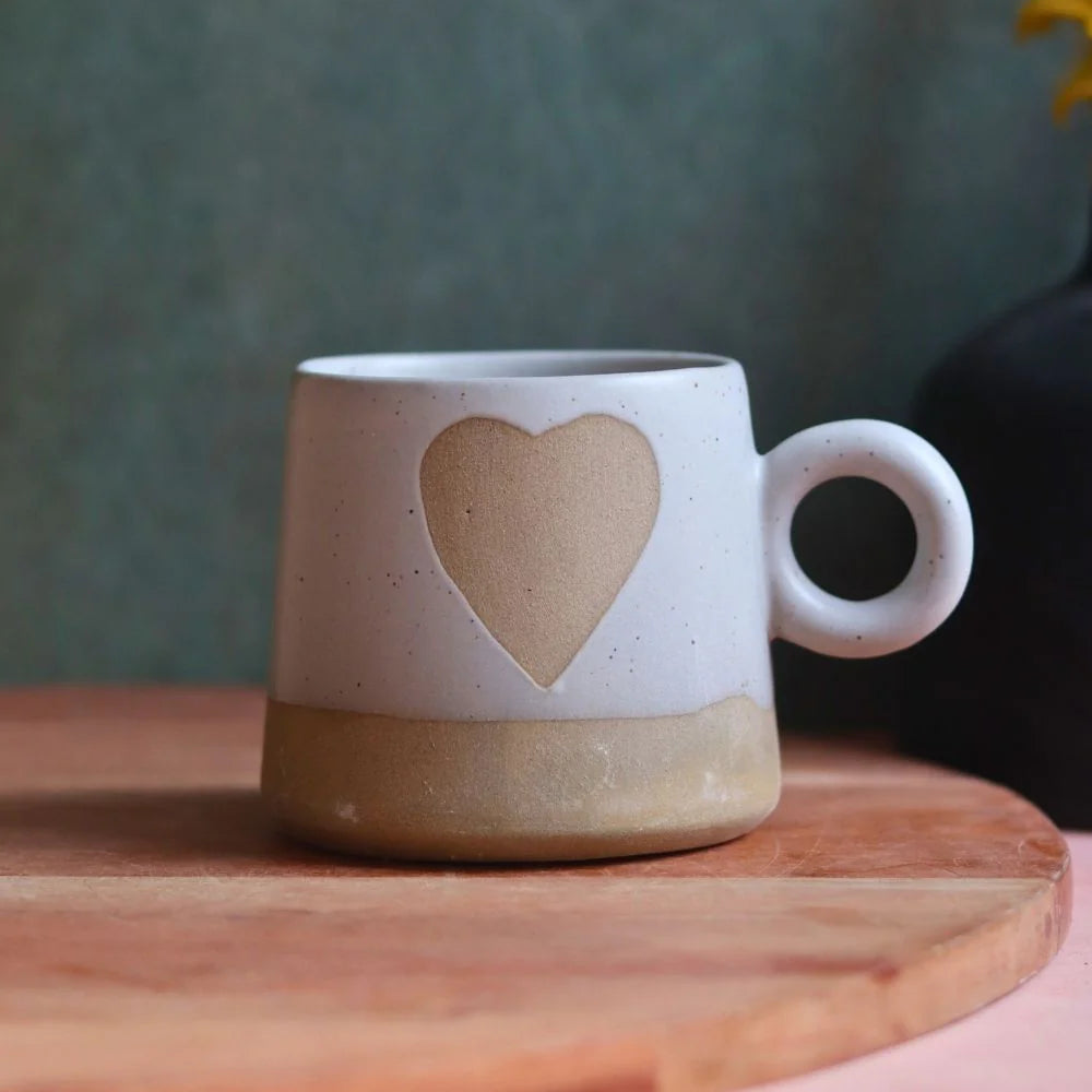 Golden Heart Ceramic Mug (White & Beige)