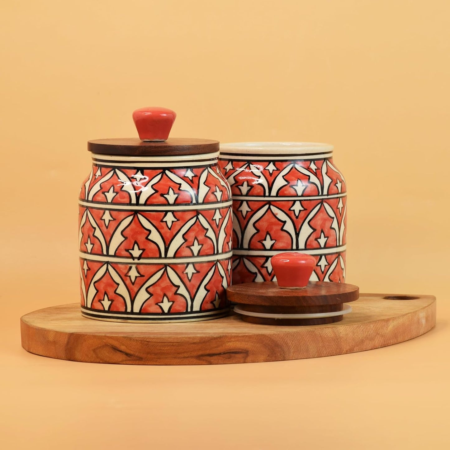 Red Geometric Ceramic Jar with Wooden Lid