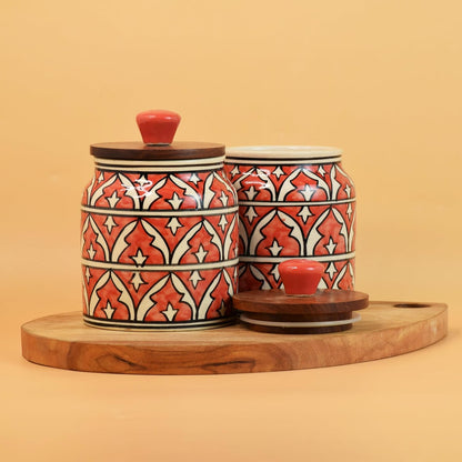 Red Geometric Ceramic Jar with Wooden Lid