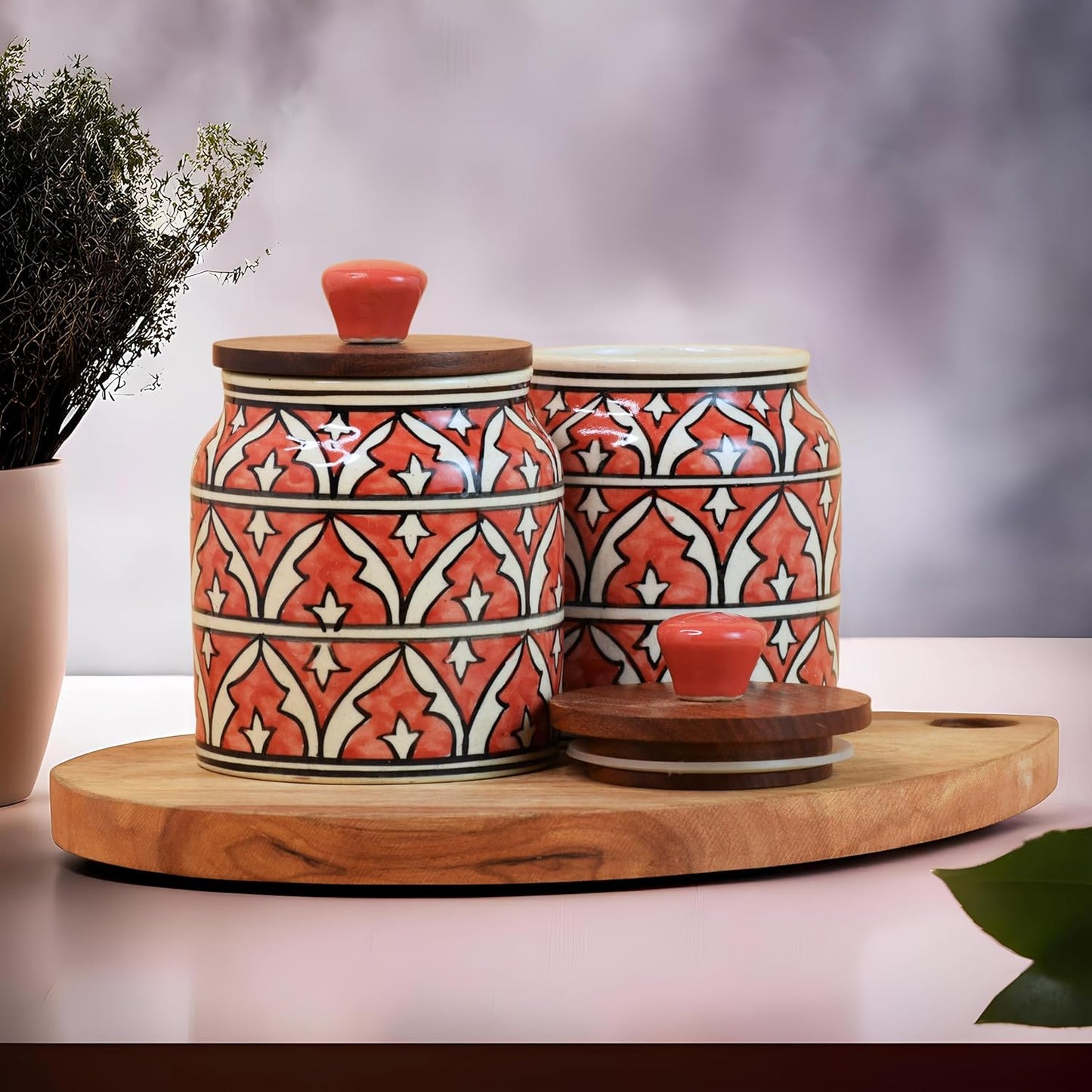 Red Geometric Ceramic Jar with Wooden Lid