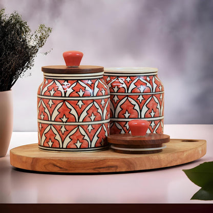 Red Geometric Ceramic Jar with Wooden Lid