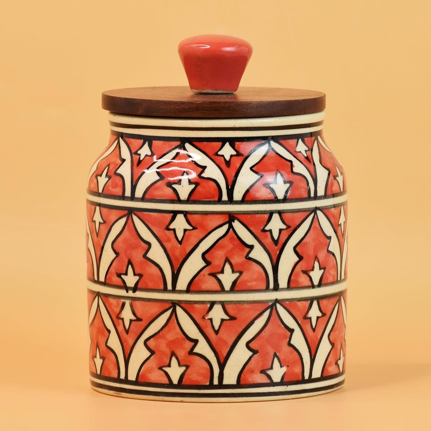 Red Geometric Ceramic Jar with Wooden Lid