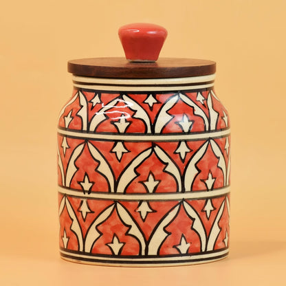 Red Geometric Ceramic Jar with Wooden Lid