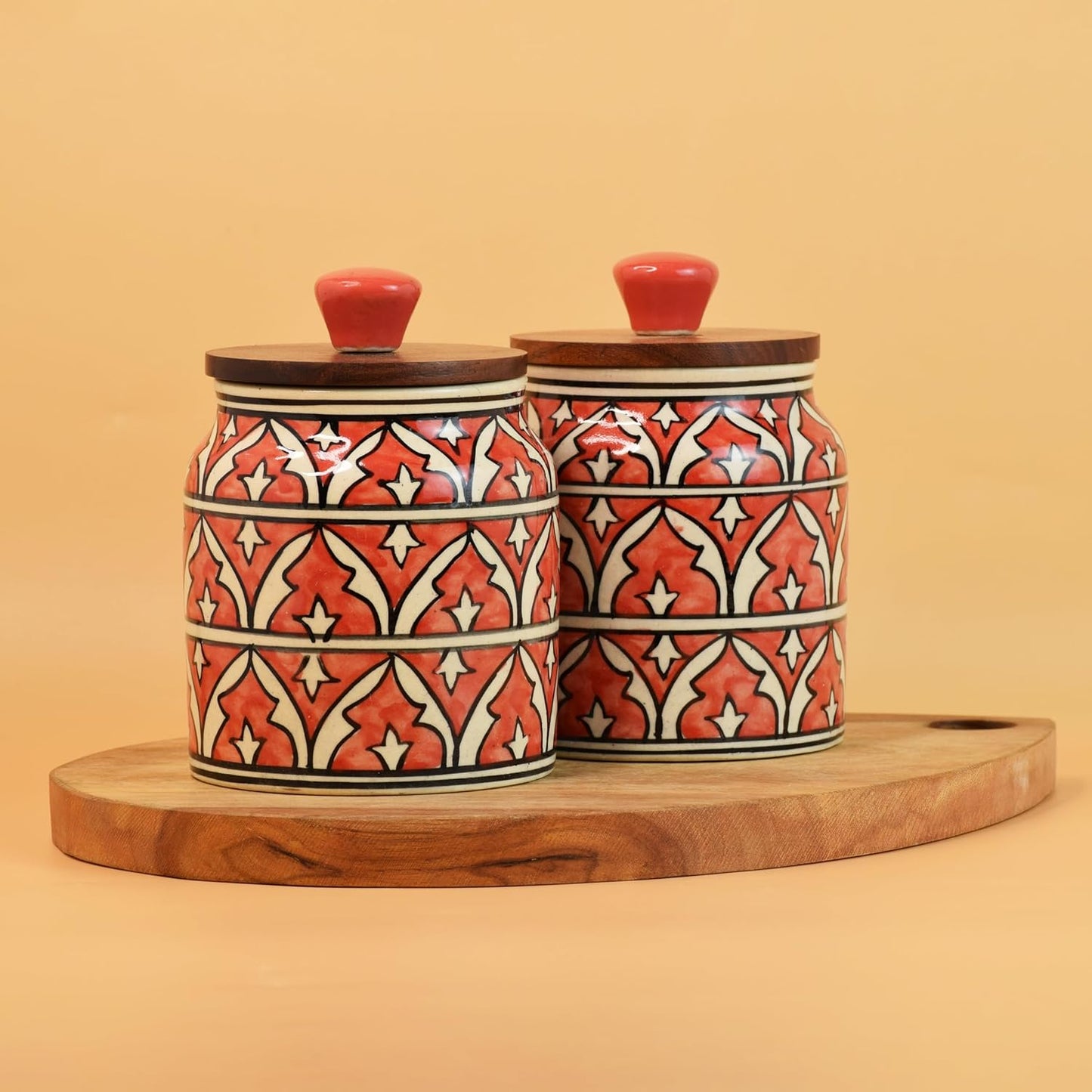 Red Geometric Ceramic Jar with Wooden Lid
