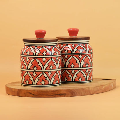 Red Geometric Ceramic Jar with Wooden Lid