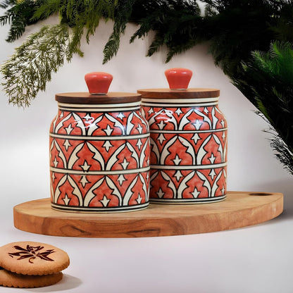 Red Geometric Ceramic Jar with Wooden Lid