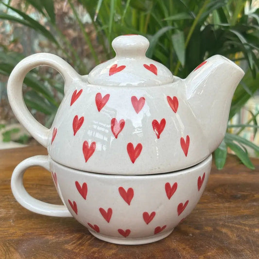 Heart-Print Tea-for-One (400ml) Kettle & Cup Set
