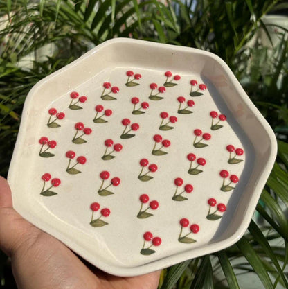 Hexagonal ceramic plate with red berry pattern held in front of green foliage