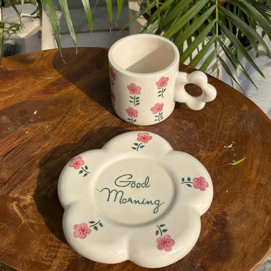Pink Floral 'Good Morning' Mug & Saucer Set (250ml)