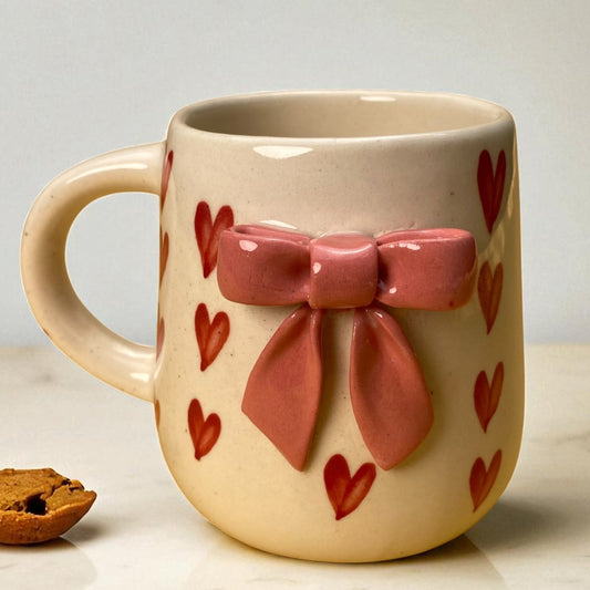 Ceramic mug with a pink bow and red hearts on a light surface.
