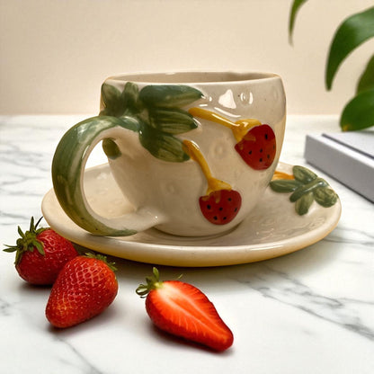 Ceramic mug with strawberry design on handle and saucer, surrounded by strawberries on a marble surface.