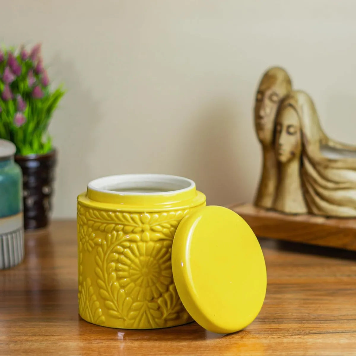Embossed Yellow Ceramic Jar
