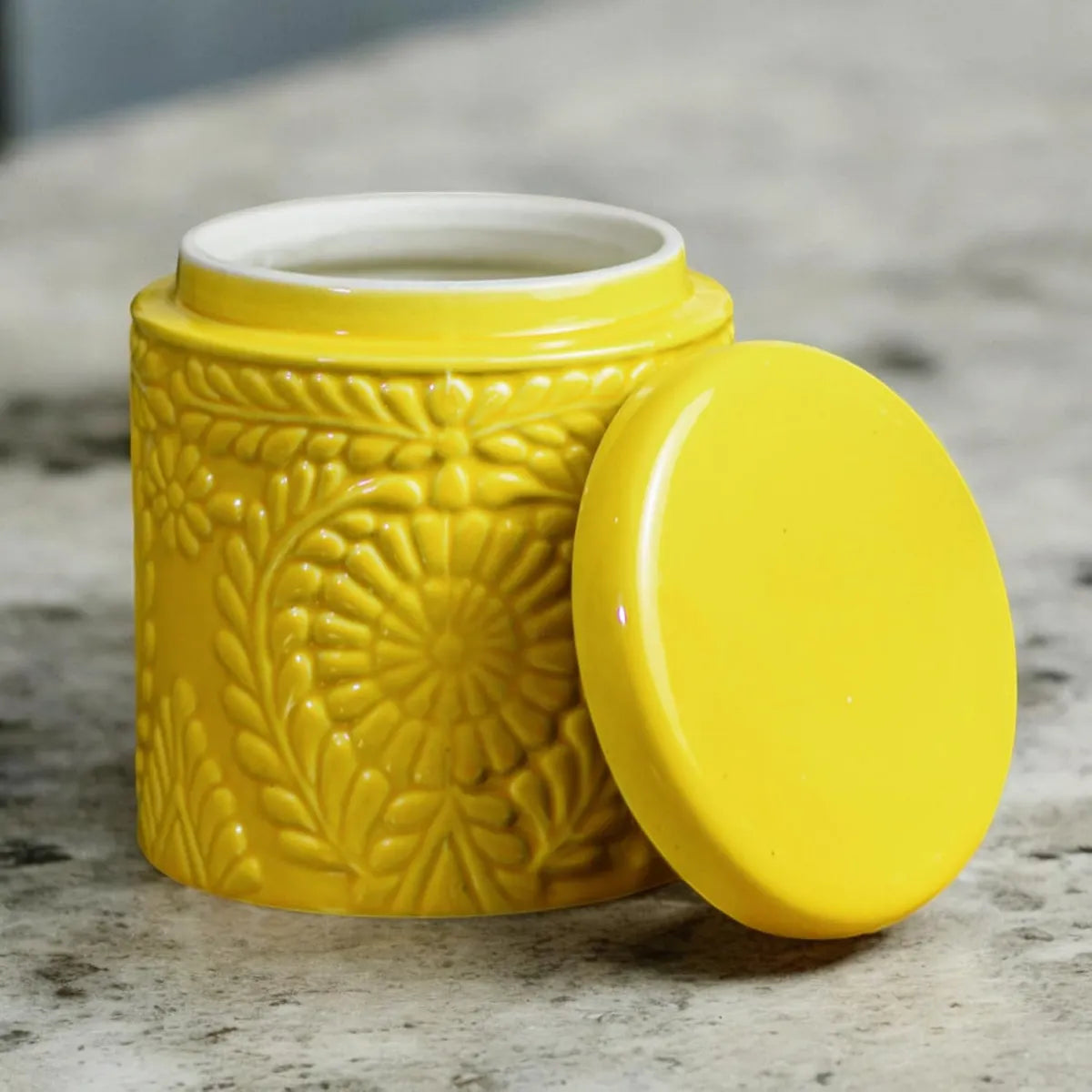 Embossed Yellow Ceramic Jar